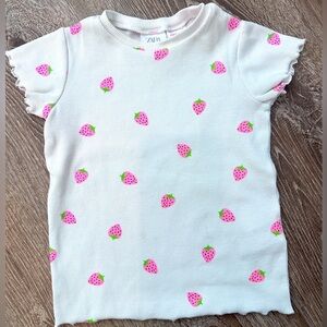 Zara Kids White Tee with Pink Strawberry Pattern 2-3T